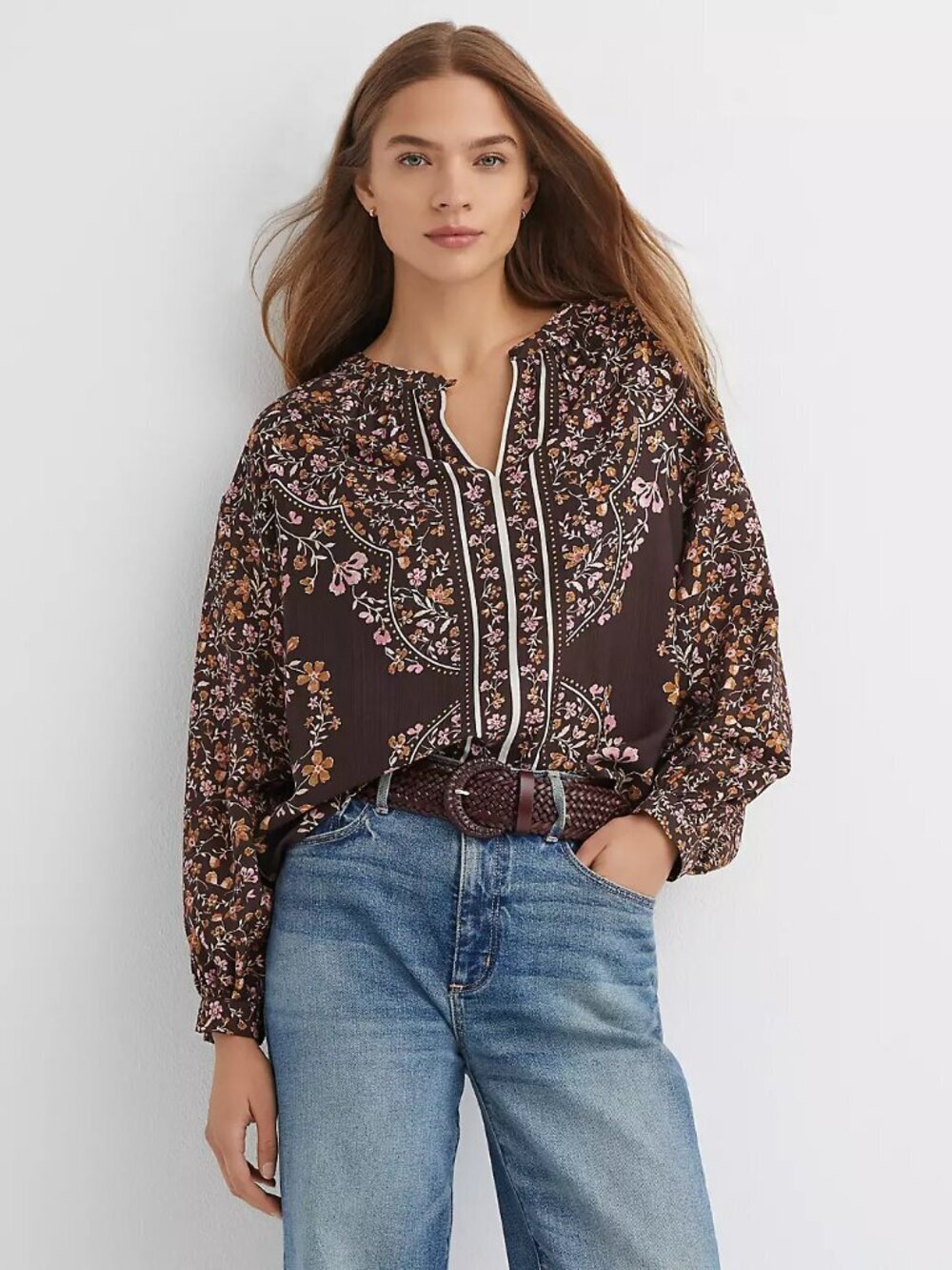 NWT$80 LOFT Floral Split Neck Blouse Brown Pink Cottagecore Peasant MED PETITE